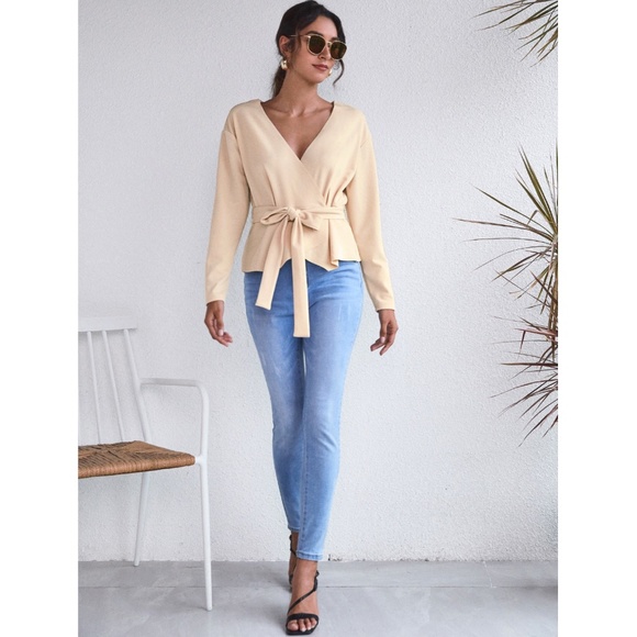 Casual Beige Belted Wrap V-Neck Top - Picture 2 of 7